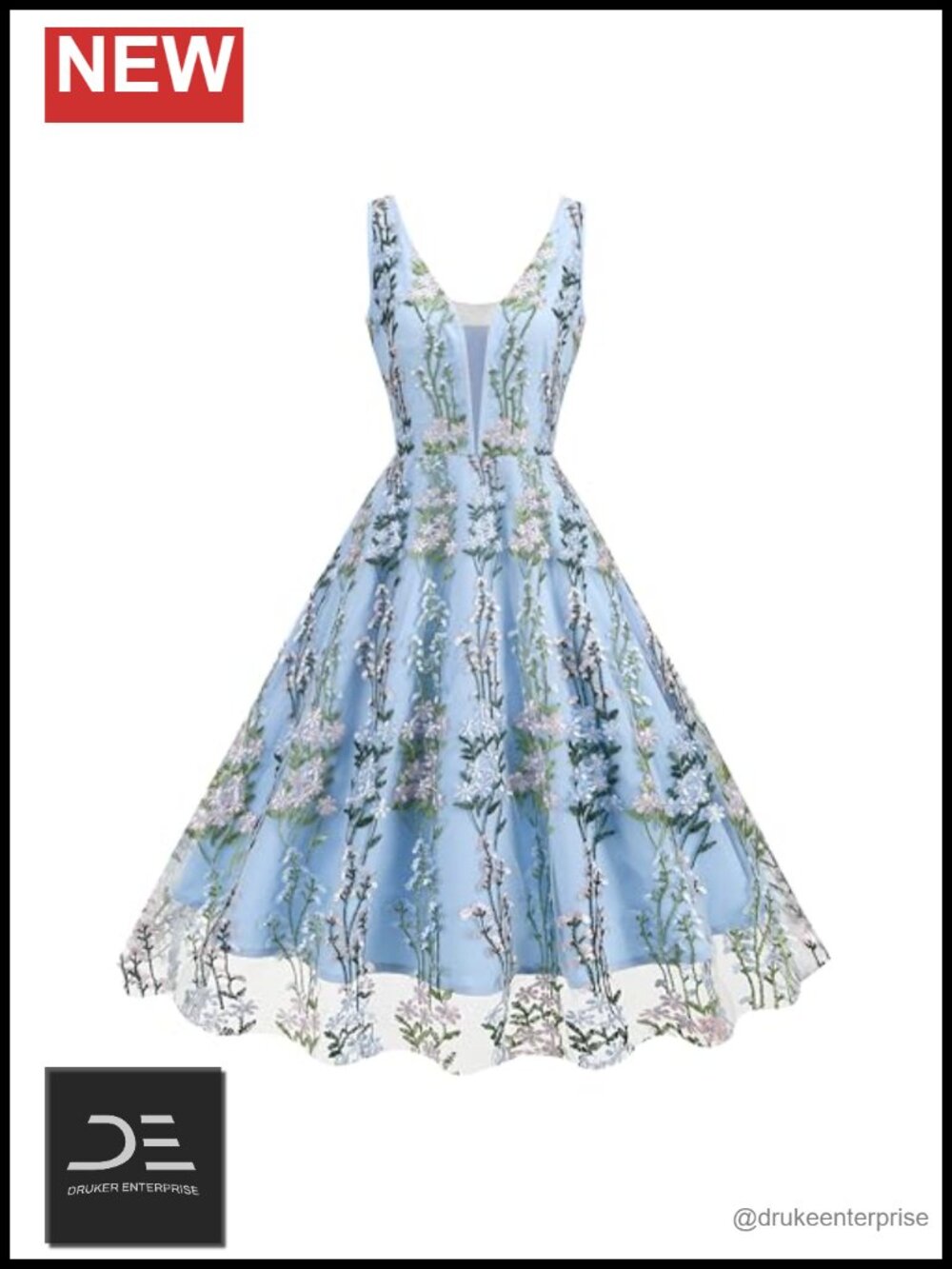 Women Floral Embroidered Tulle Midi Dress A-Line Fit and Flare Sleeveless